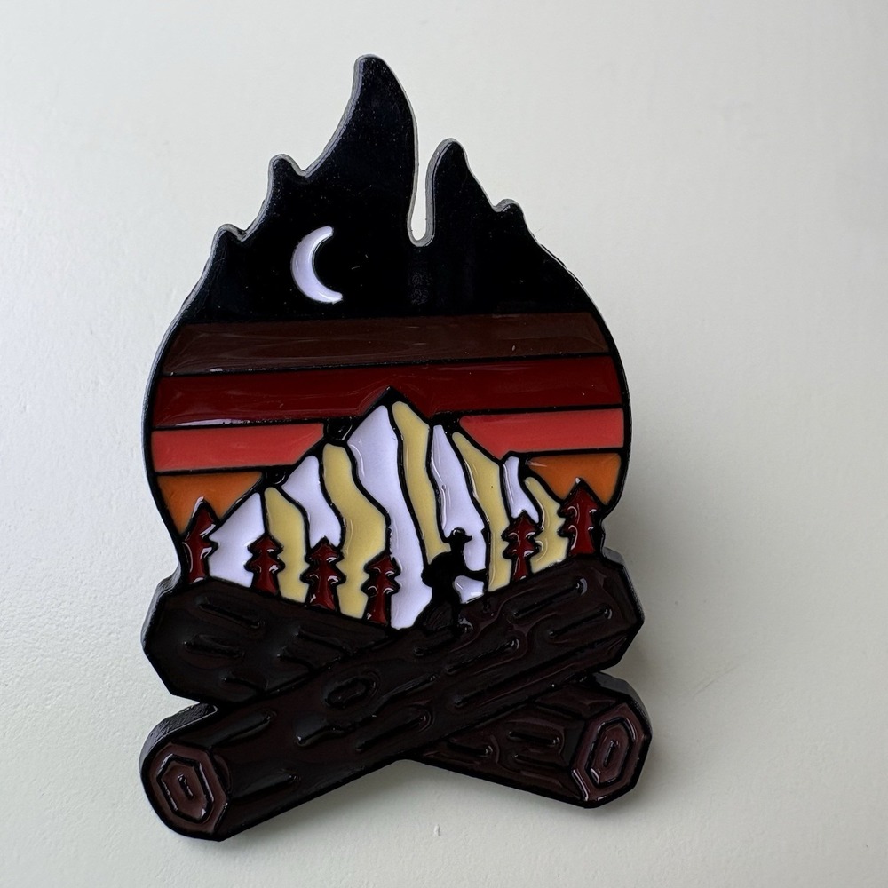 Campfire Hiking Wilderness Trees Mountain Enamel Lapel Pin Rubber Back